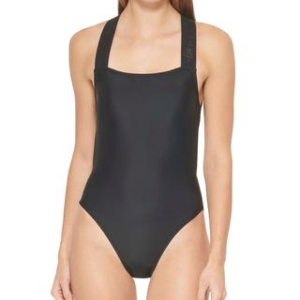 DKNY  Logo Cross-Back One-Piece Swimsuit Black